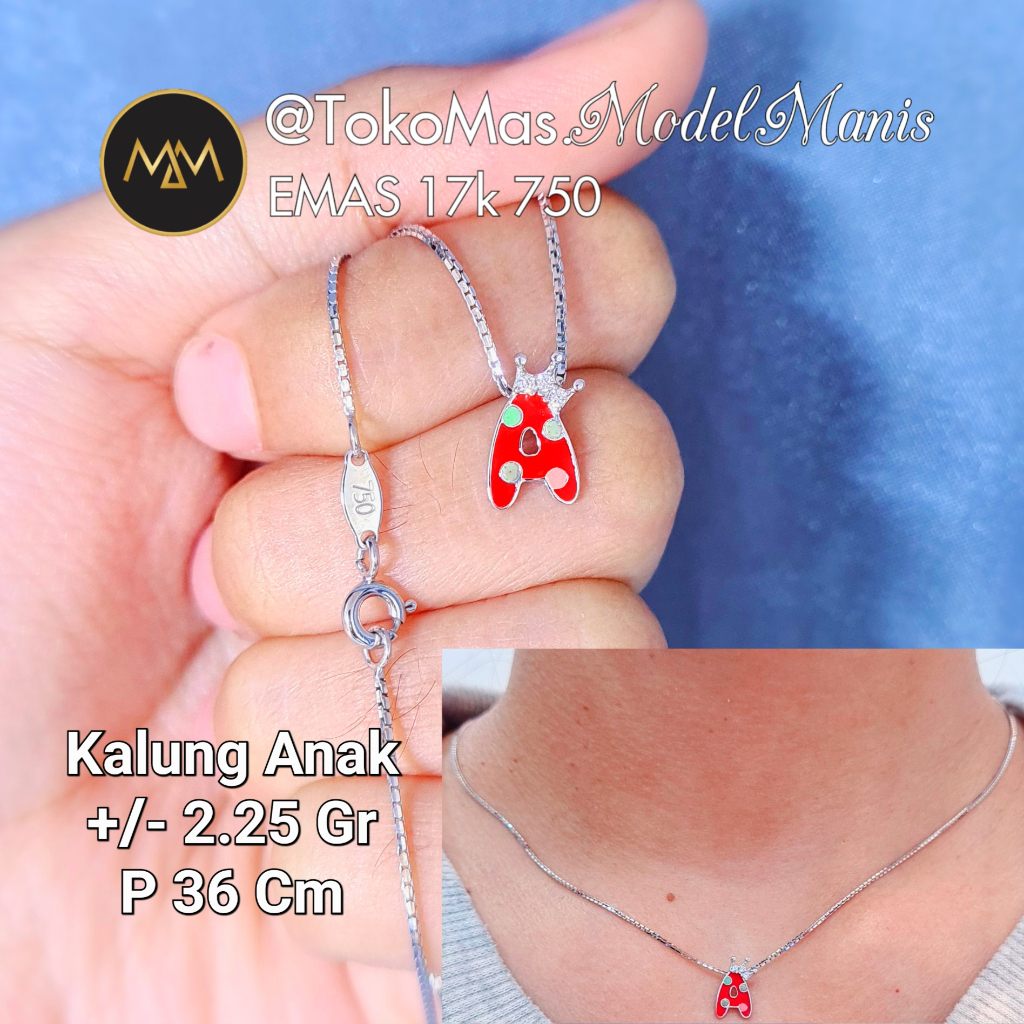 Kalung Anak R,A UBS huruf Miku miku emas putih 750 Kadar 17 K