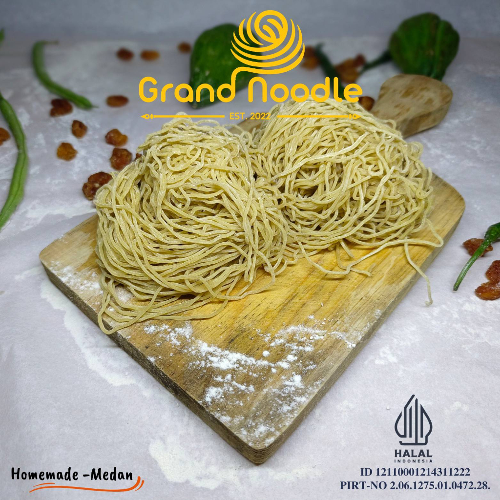 

GRAND NOODLE MIE BASAH FROZEN FOOD ISI 6 PCS / 600 G , HOME MADE NOODLE TANPA PEWARNA DAN PENGAWET DENGAN BAHAN BERKUALITAS