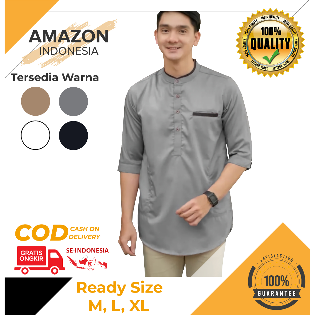 Baju Koko Kurta Dewasa Lengan 3/4 Warna Abu Abu Material Catton Toyobo Adem Serap Keringat