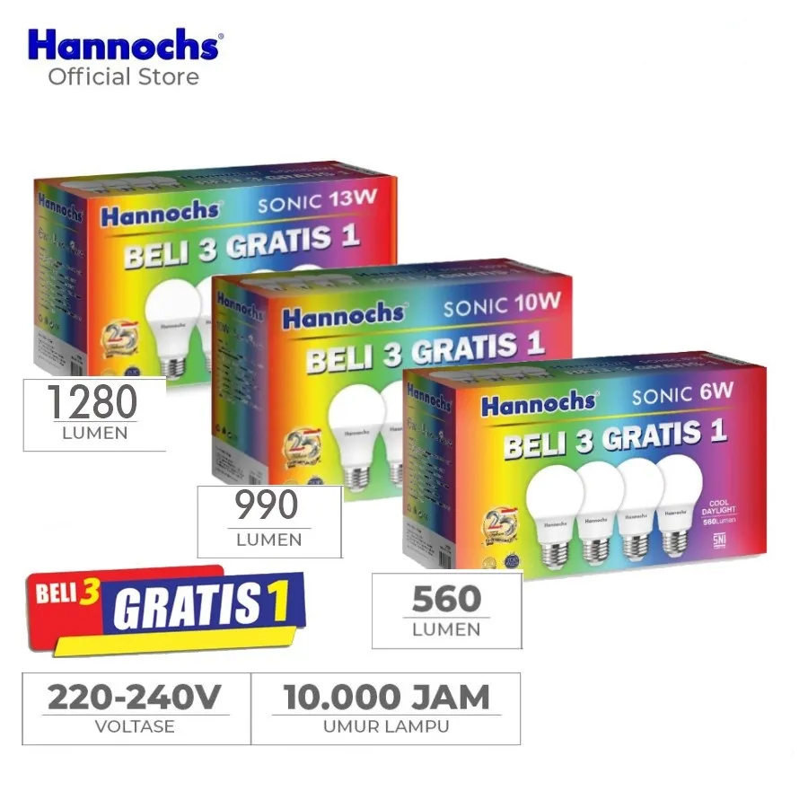 Paket Hemat Lampu Led Hannochs Sonic 3W 6W 10W 13W Beli 3 Gratis 1 Isi 4 Pcs Original