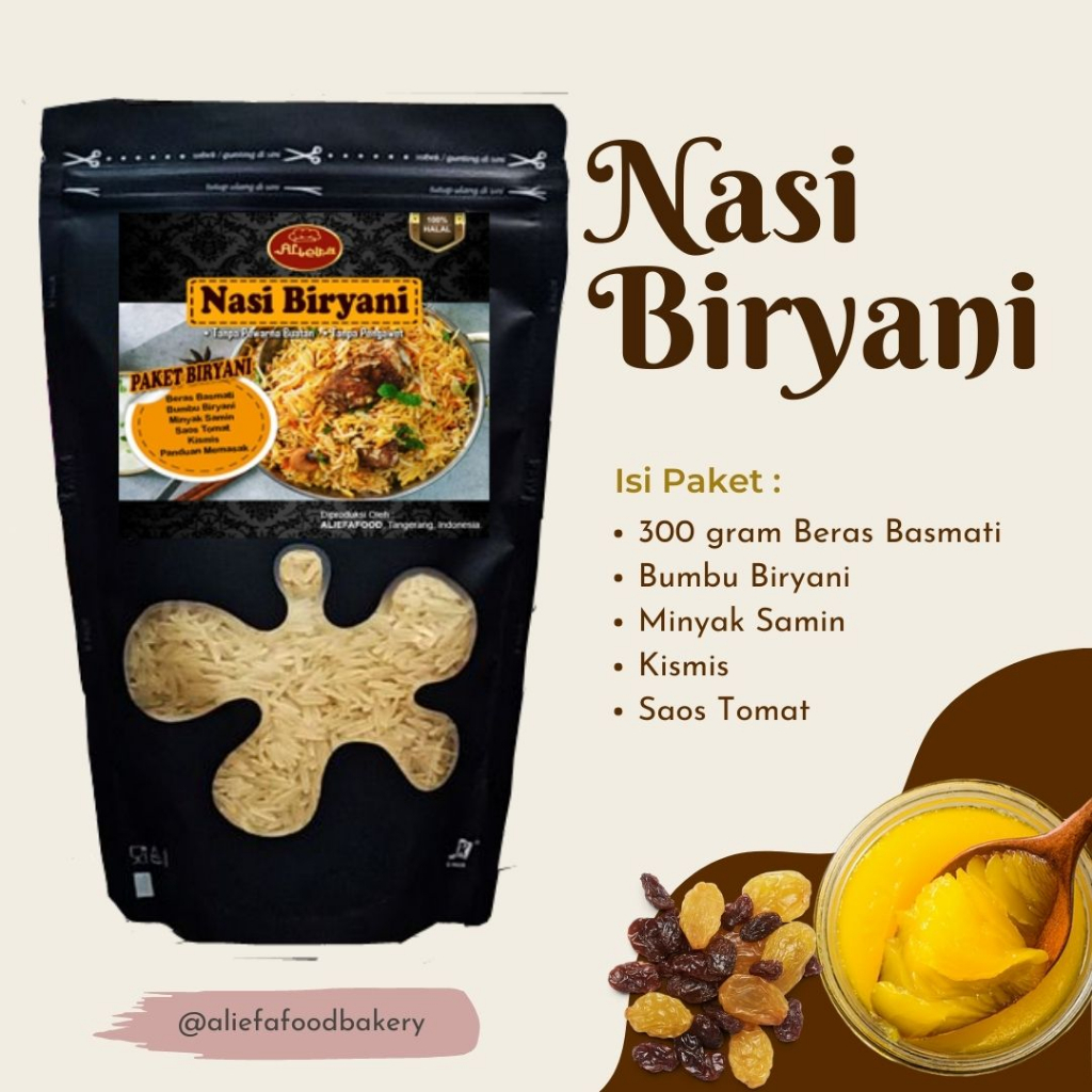 

Nasi Biryani/Briyani Aliefa 300g | Beras, Bumbu, Minyak Samin, Kismis.