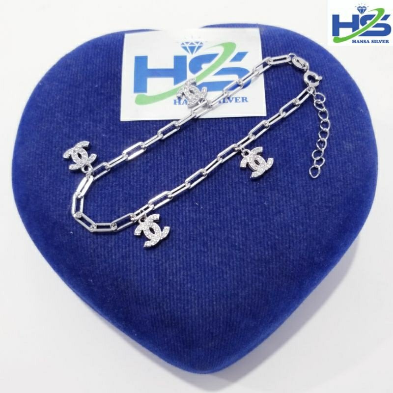 Gelang Perak Asli Silver 925 Lapis Emas Putih Model Rantai Nori Catena Gantungan Love Bulat Bunga - Gelang Perak Wanita Anti Karat