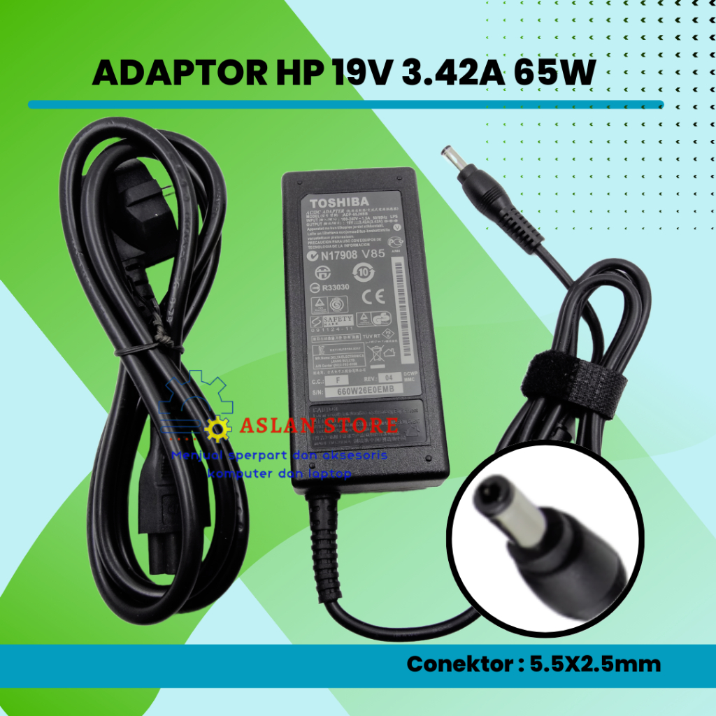 ADAPTOR TOSHIBA 19V 3.42A 5.5 x 2.5 mm AC POWER CHARGER Toshiba N193 V85 R33030 Satelit Laptop C650 C660 C50 C55 L50 C665D