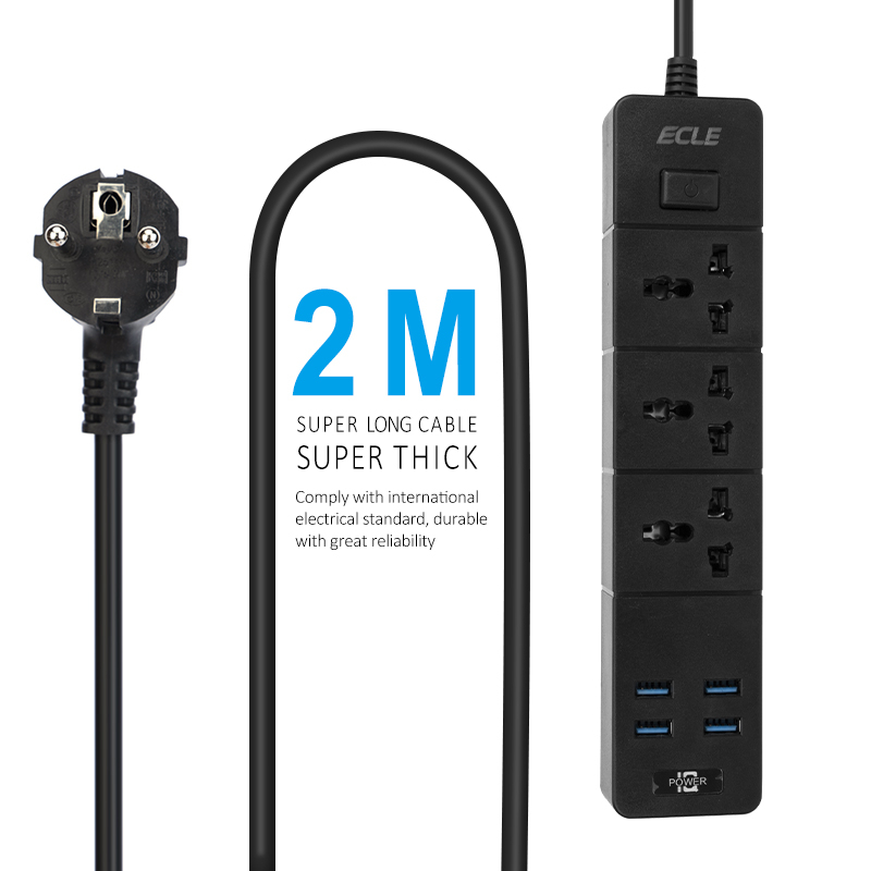 Power Strip Stop Kontak Colokan Listrik 4 USB Port +3 Lubang Socket +1 Tombol Power On Off 2.1A 2500W