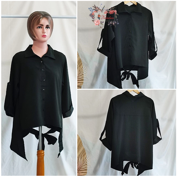 Blouse Wanita Full Kancing Busui Friendly Kemeja Wanita Hitam Wollycrepe Kerah Collar Top Cewek Belakang Kombinasi Tali Korean Style