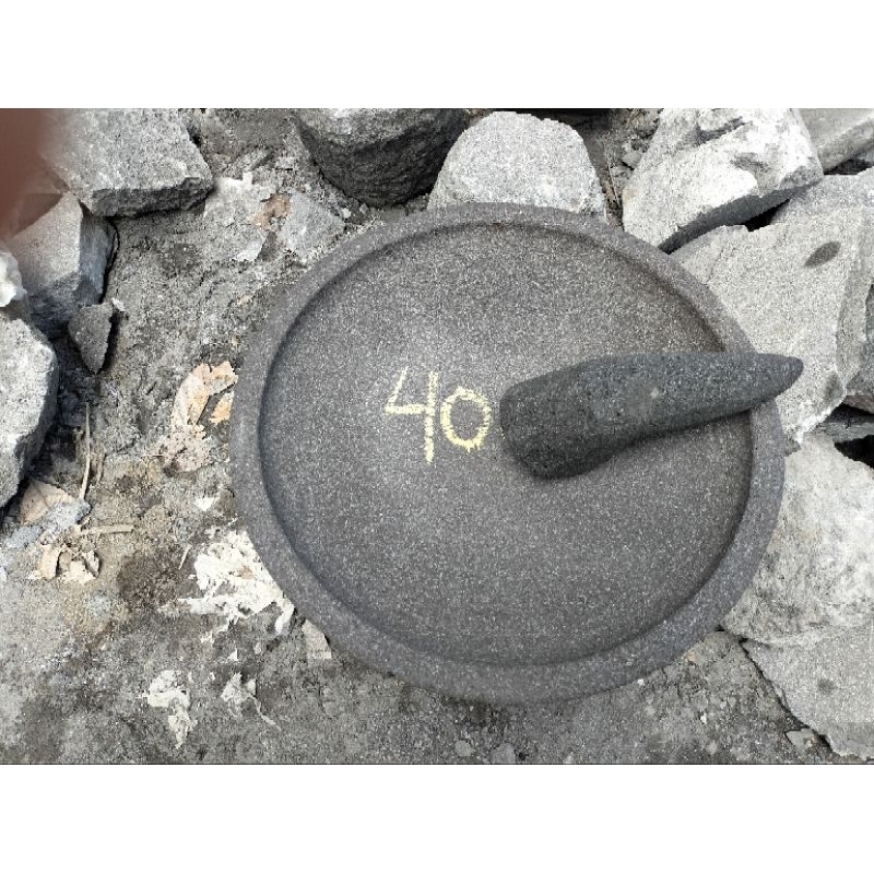 Cobek/Coet Asli Batu Gunung Merapi Ukuran 40cm Free Packing Kayu