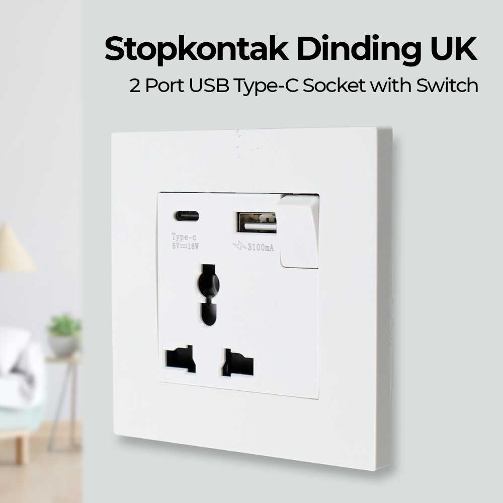 Stopkontak Dinding UK 2 Port USB Type-C Socket with Switch Stop Kontak Multifungsi Isi Daya Smartphone