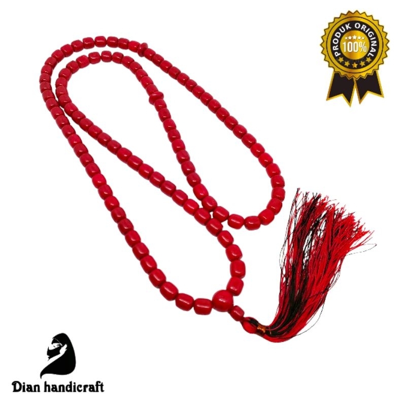Tasbih 99 butir batu Coral Marjan merah motif tabung asli original