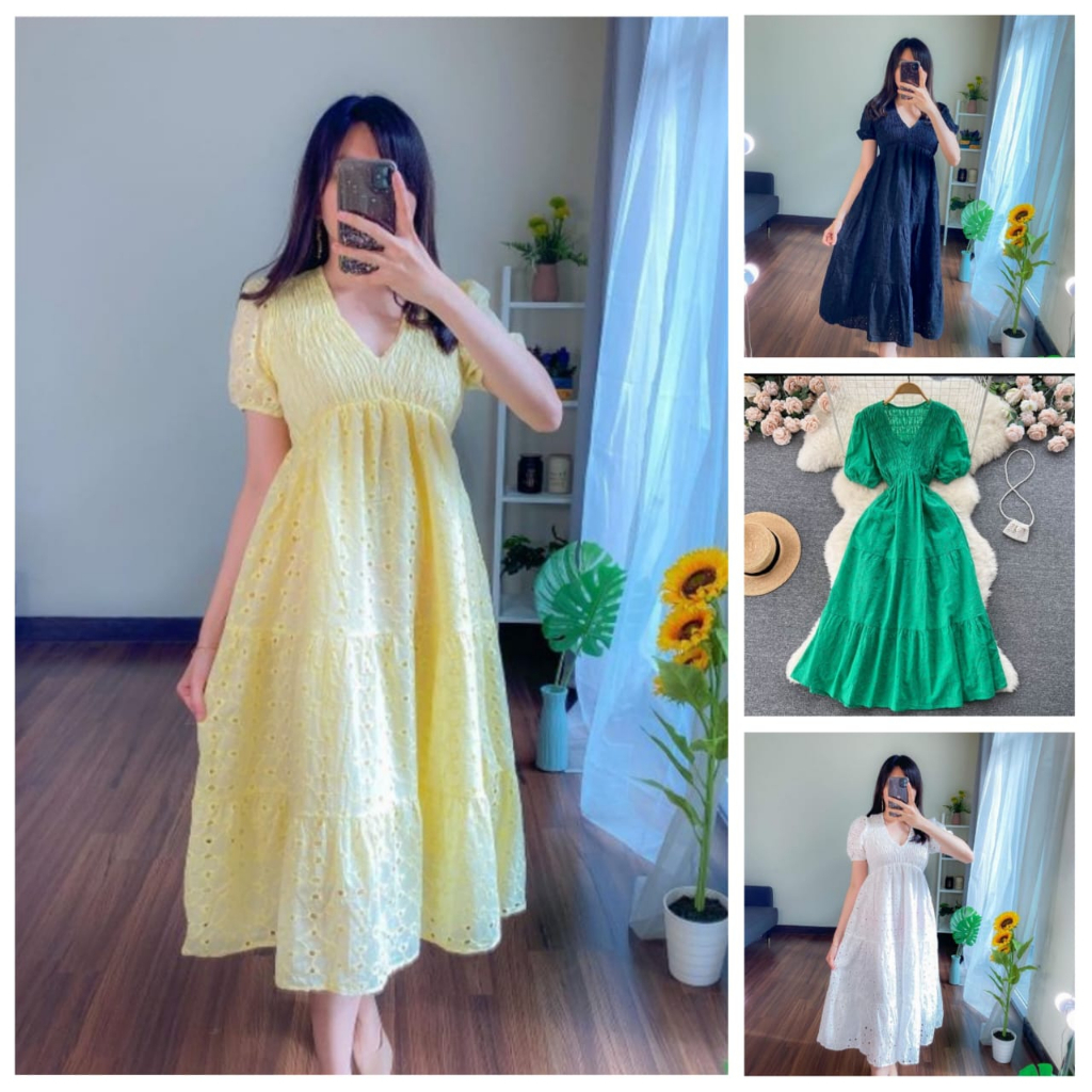 V neck eyelid cotton midi dress korea hitam kuning putih hijau tf10887
