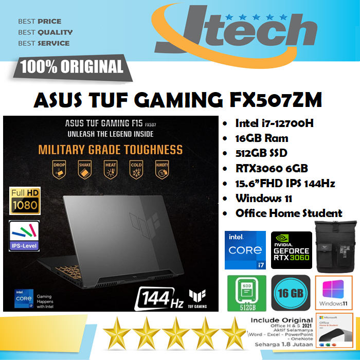 ASUS TUF Gaming F15 FX507ZM - i7-12700H 16GB 512GB SSD RTX3060 6GB 15.6&quot;FHD IPS 144Hz W11 OFFICE HOME STUDENT