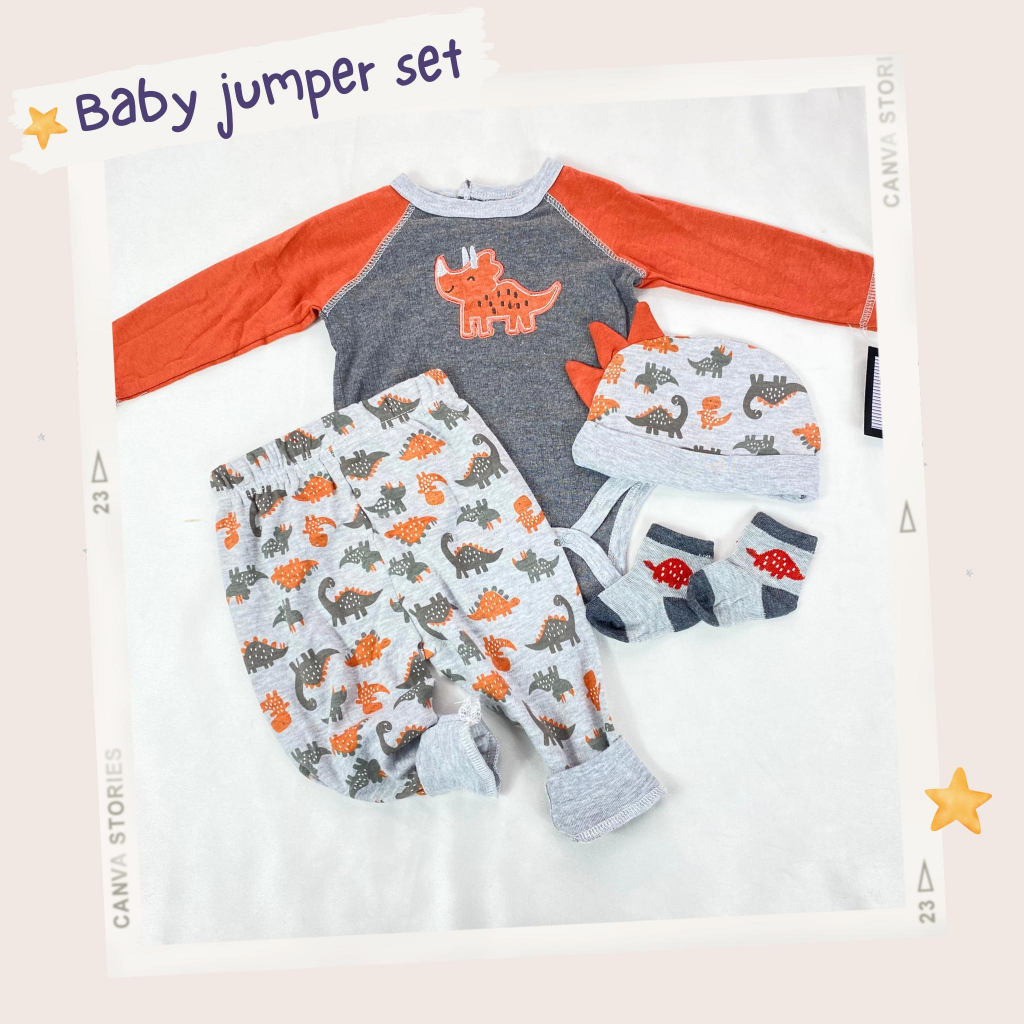 JUMPER SET 4in1 lengan panjang unisex impor / baju bayi jumpsuit baby romper  0-9 bulan setelan kupluk