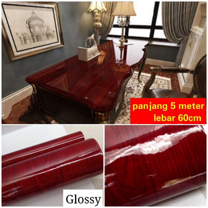 60cm x 5 meter wallpaper sticker glossy motif kayu maroon stiker perabot lemari rak dapur countertop