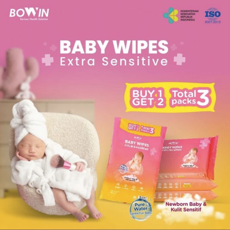 Bowin Tissue Basah PureWater Newborn &amp; Extra sensitive (1 Bag = 3 Pack)