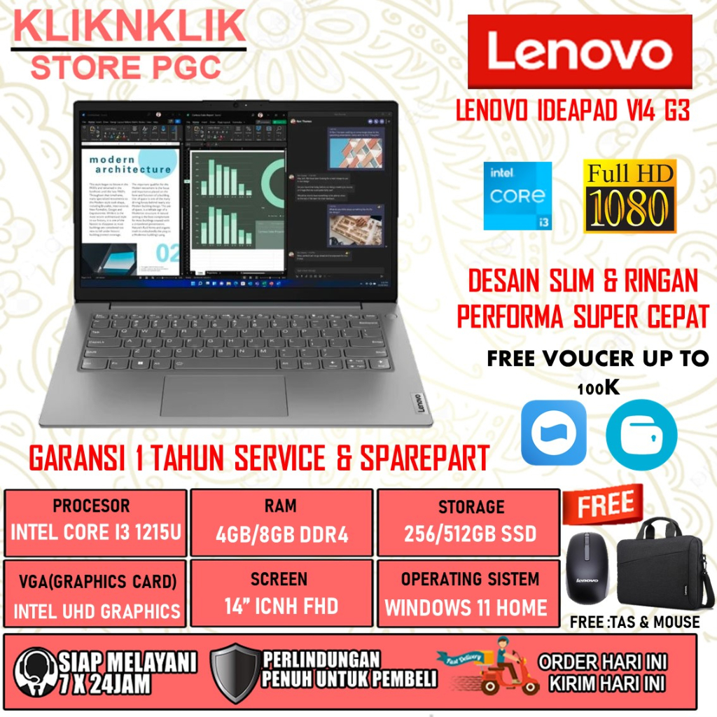 LAPTOP LENOVO IDEAPAD V14 G3 INTEL CORE i3 1215U RAM 8GB 512GB SSD FHD WINDOWS 11 HOME GREY