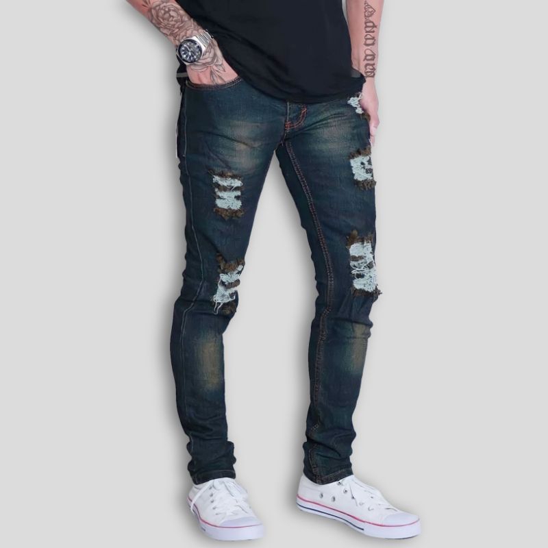 Mavia Pants - Celana Panjang Jeans Pria Sobek Lutut Tembus Ripped Slimfit Bikers Pensil Denim Bio Ting