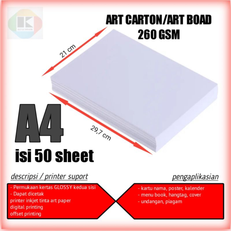 

kertas art carton 260 gsm ukurqn A4 isi 50 sheet