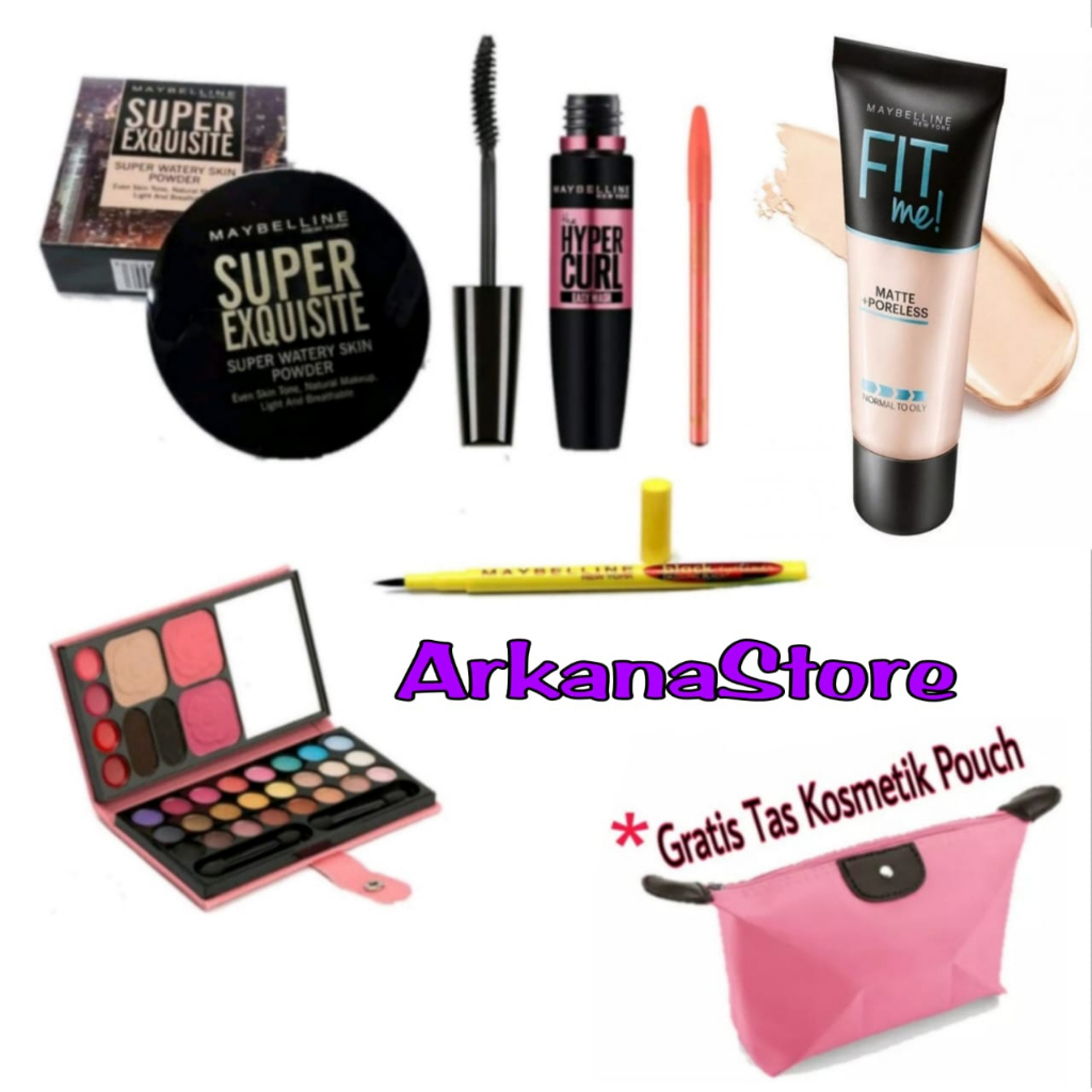 Paket Kosmetik Maybelline Super Lengkap Hemat 1 Paket 6 in 1 - Pake MakeUp Maybelline Hemat 6 in 1 - Foundation + Bedak + Maskara Maybelline + Eyeliner + Pensil Alis + Gratis Tas Pouch