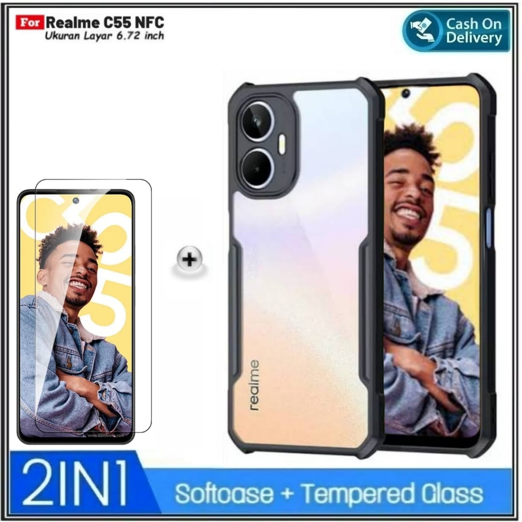 Paket 2in1 Case REALME C55 NFC / C21 / XT / X2 Soft Hard Fusion Transparan ShockProoft Free Tempered