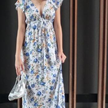 FLORETA LONG DRESS WANITA/DRESS BUNGA/NAVY DRESS PEREMPUAN CEWEK/DRESS CANTIK