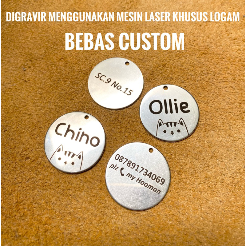 KALUNG KUCING TAG BANDUL CUSTOM NAMA BAHAN LOGAM KULIT ASLI ipet