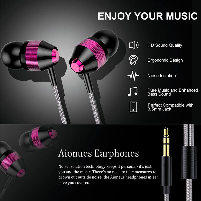 Wired Earphone 3.5mm Jack Headset Mobile In Ear Headphones Tangle-Free Cord Noise Isolating Earphones Deep Bass Case Ear Buds 3.5 mm Jack Plug in-ear Audio Earphones for Computer HP Laptop