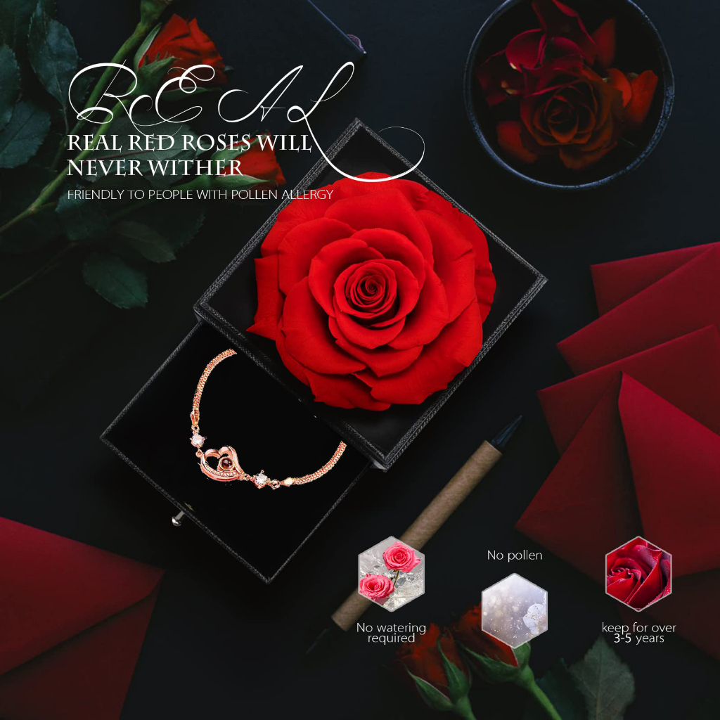 Topspot Wanita Gelang atau Proyeksi Hati, Gelang atau Cinta 925 Sterling Silver Memory of Love - 100 Bahasa yang Berbeda untuk I Love You Hadiah Paket Set Diawetkan Mawar Preserved Rose