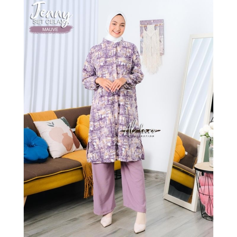 Setelan tunik celana Aliya Jenny Alfaro cringkel premium model baru premium ORI berlabel motif polos dan salur ootd one set wanita masa kini