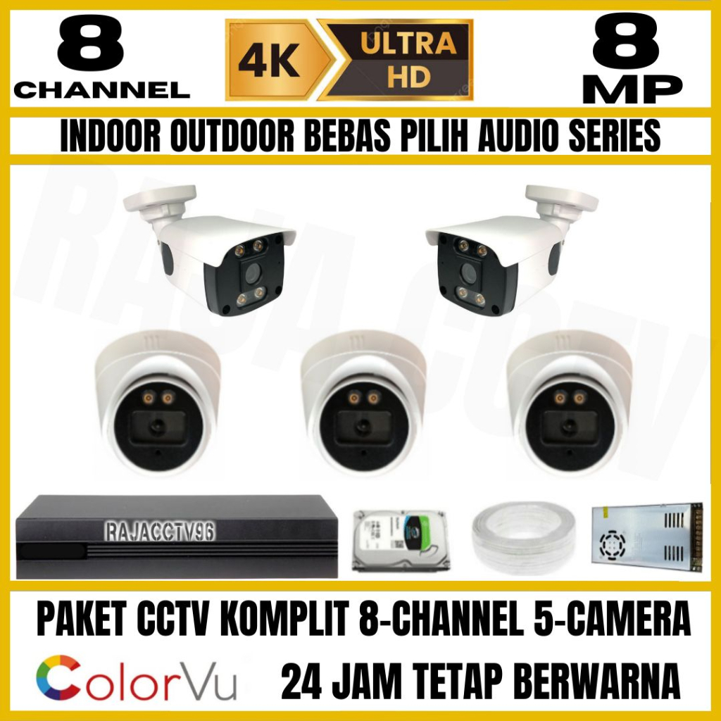 PAKET CCTV 8MP COLORVU COLORFUL 8 CHANNEL 5 KAMERA ULTRA HD 4K CAMERA AUDIO SERIES