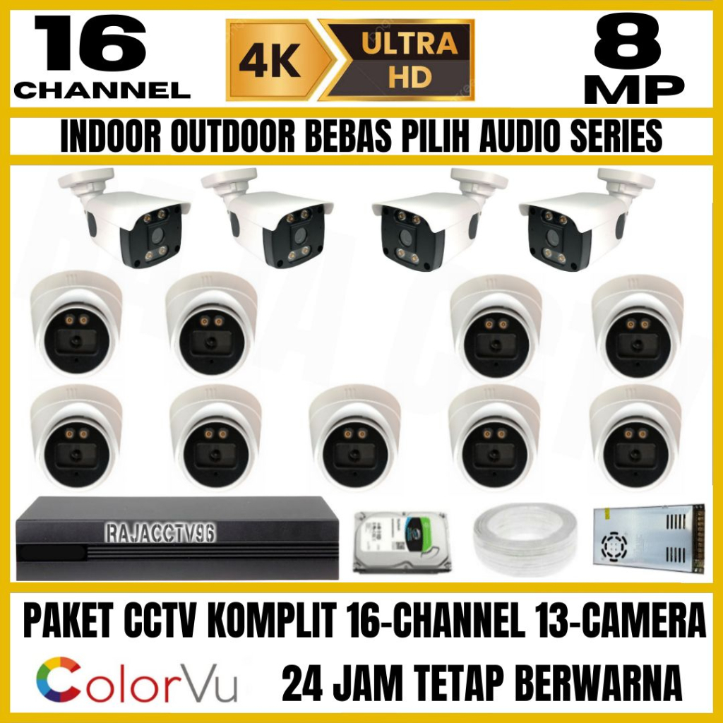 PAKET CCTV 8MP COLORVU COLORFUL 16 CHANNEL 13 KAMERA ULTRA HD CAMERA AUDIO SERIES