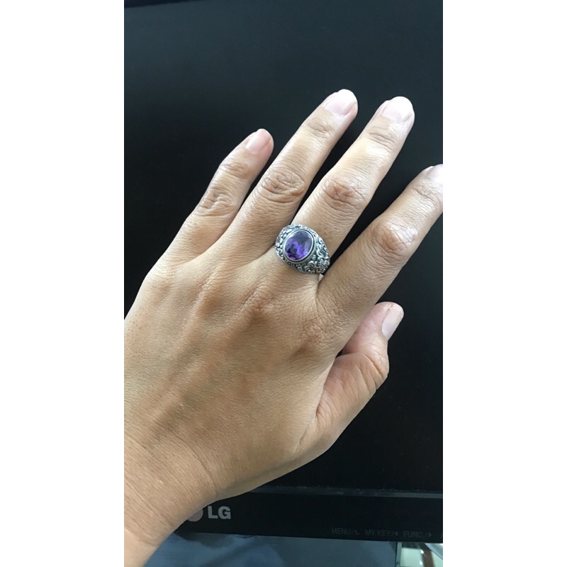 cincin perak pria permata oval ukiran klasik