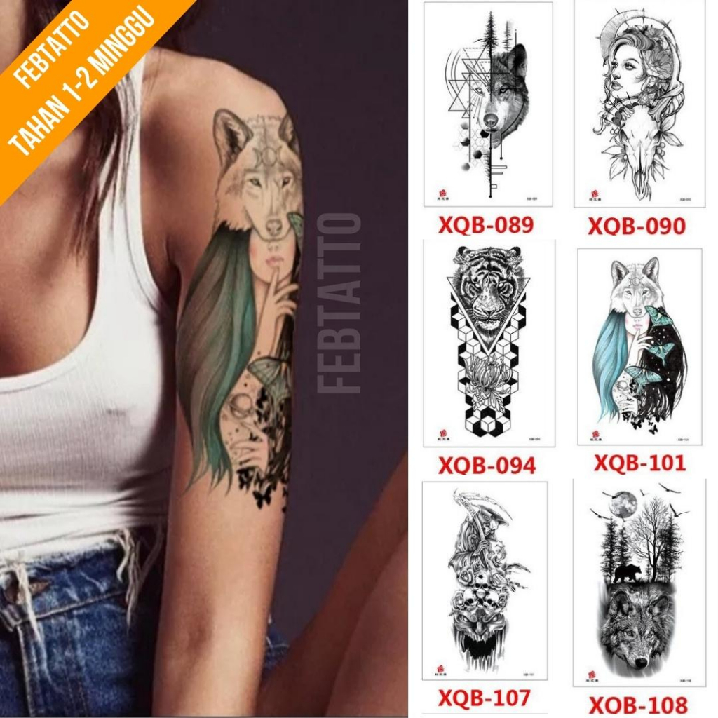 Tato Temporer Ukuran 21cmx11cm Tato Lengan Tato Dada Tato tangan Tato Kaki Tato Punggung Tato Jari  Motif Aesthetic Tatto Temporary Stiker Tato Halal Grosir Tato air motif serigala, perempuan, harimau, tengkorak XQB 101