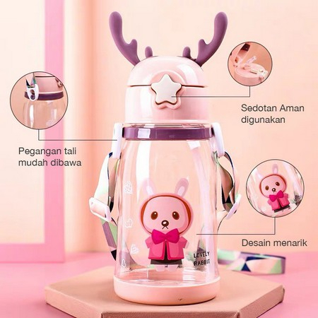 Botol Minum Tanduk Rusa Sticker Dengan Tali Sedotan 600ML / Botol Minum Anak Lucu 600 ML Anti Tumpah Anti Pecah