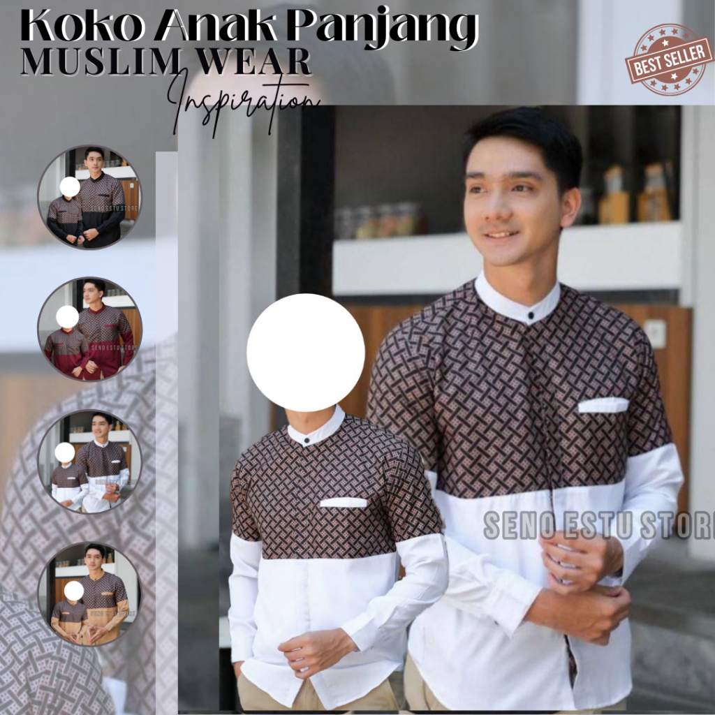 Baju Koko Couple Ayah Dan Anak Lengan Panjang Motif kobata Baju Koko Dewasa Lengan Panjang Kombinasi Batik |Baju Koko Anak Remaja Umur 5-14Tahun