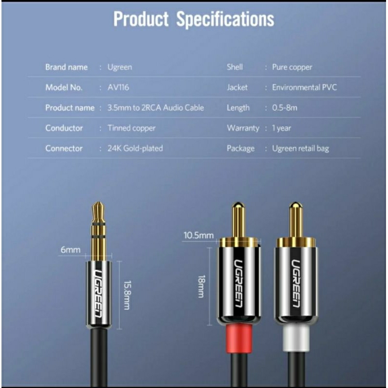 Ugreen kabel audio Aux male 3.5mm to 2 rca male 3 meter