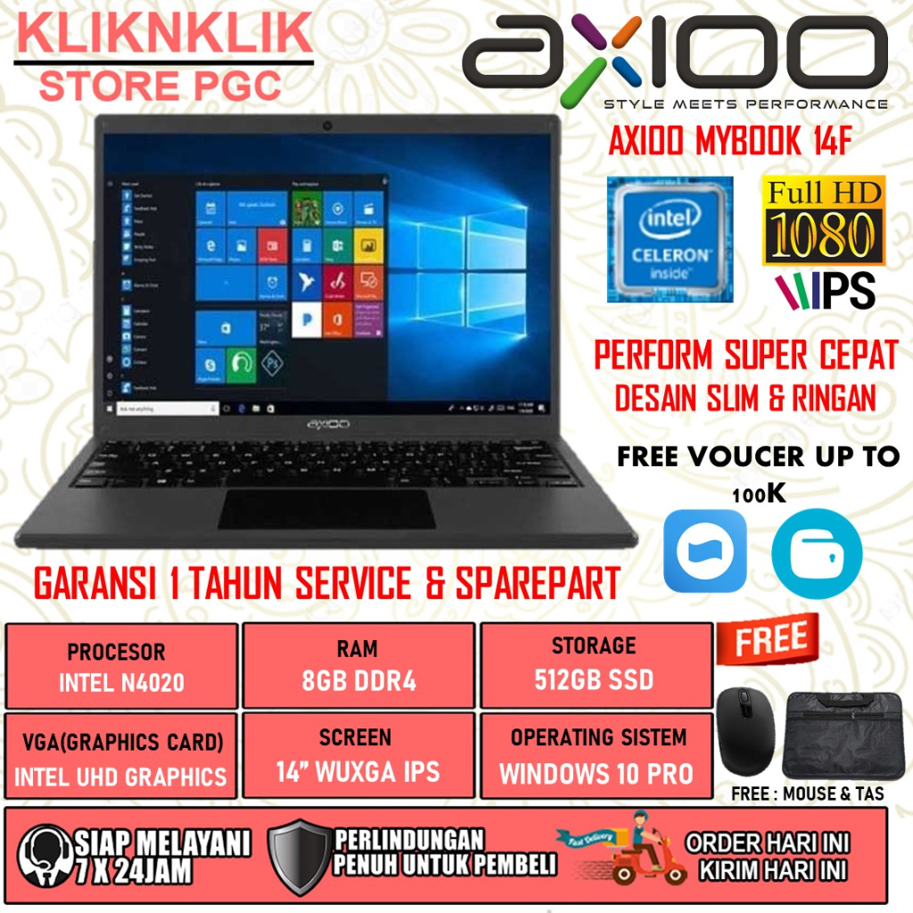 LAPTOP SLIM AXIOO MYBOOK 14F INTEL N4020 RAM 8GB 512GB SSD IPS 2K WINDOWS 10 PRO GREY