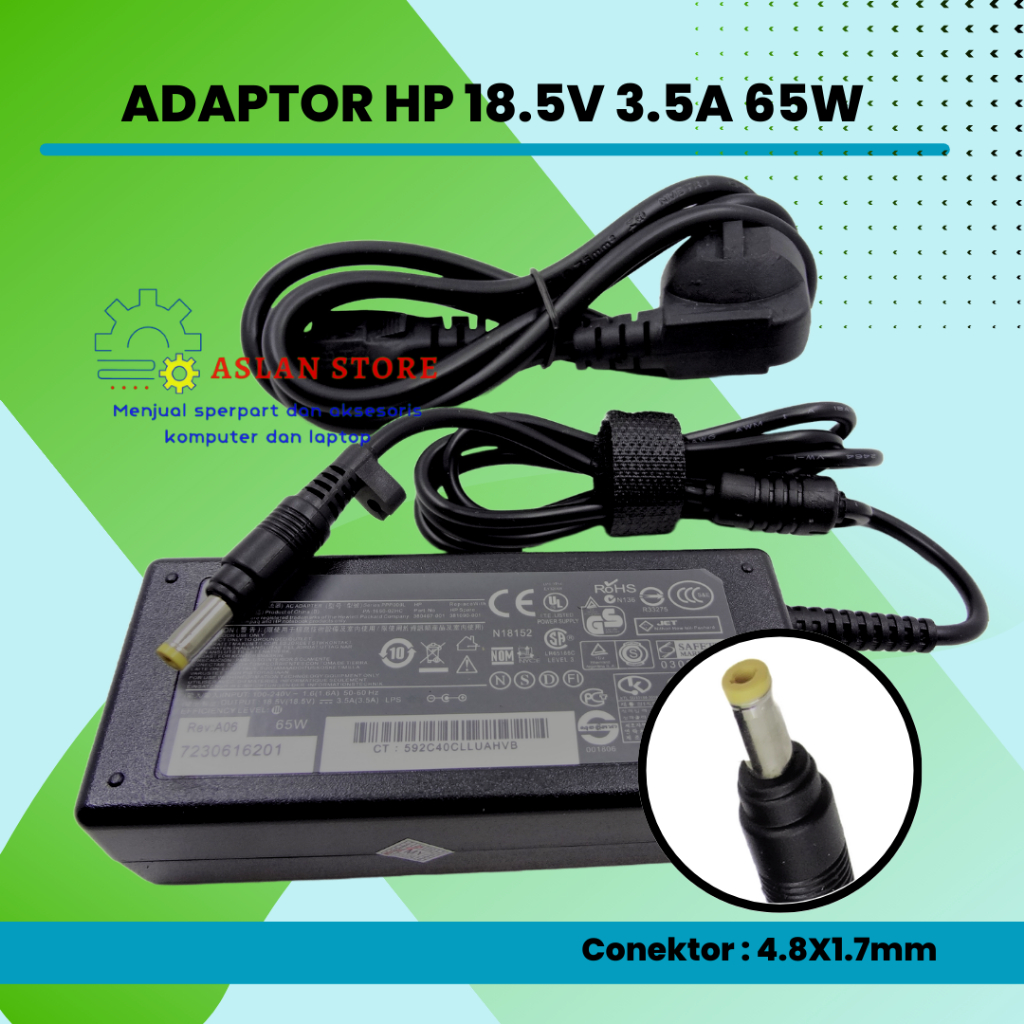 Adaptor HP 18.5V 3.5A 65W Power Adapter Charger HP NX6110 NX6120 NX6130 NX7010 NX5000 NX7000 E500 E500s e700 M300 M700