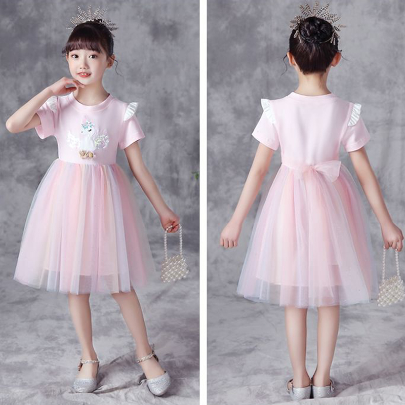 3-10 thn Gadis Unicorn Gaun Kasual Musim Panas Gaun Rainbow Mesh Cute Girl Dress Hadiah Ulang Tahun