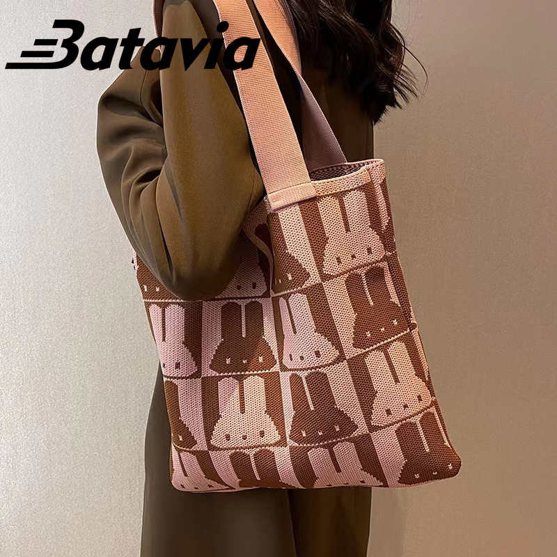 Batavia Tas Wanita Motif Rajut Simpel &amp; Keren - Tas Totebag Cewek Model Rajut Lampit Kekinian BAG 00