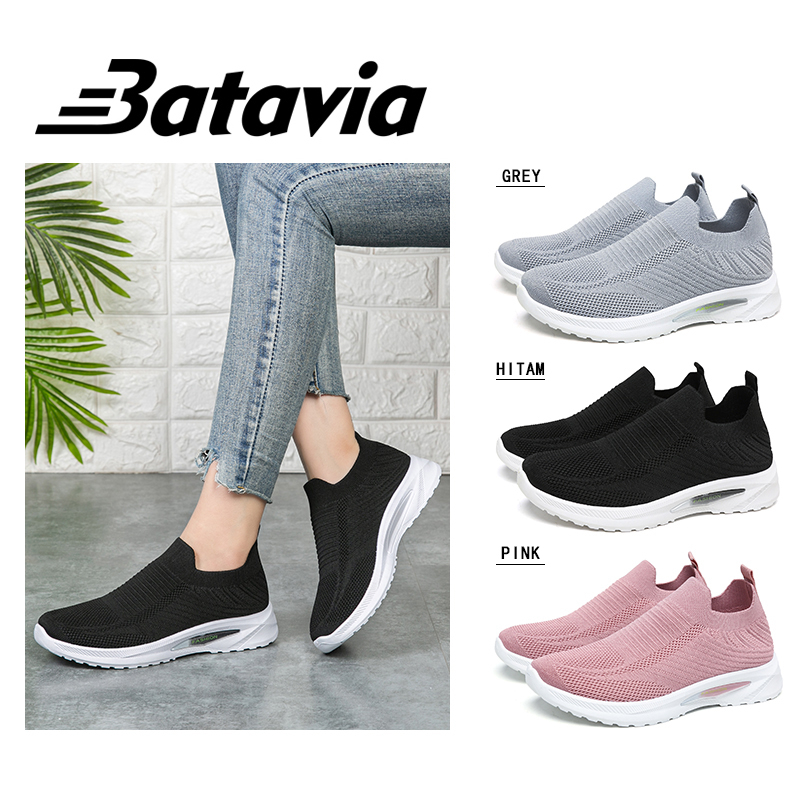 （COD）Batavia Sepatu wanita olahraga anyaman terbang baru bernapas dan nyaman sepatu wanita joging kerja slip-on N13