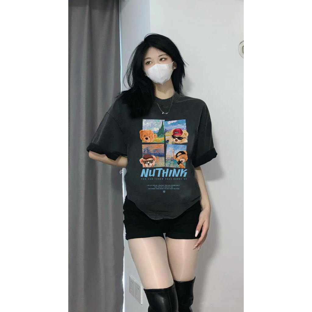 EUNII T-shirt Lengan Pendek Black Washed Cartoon Bear Traveling Printing Korean Style/Kaos Atasan Wanita/Baju Wanita/Kaos Wanita