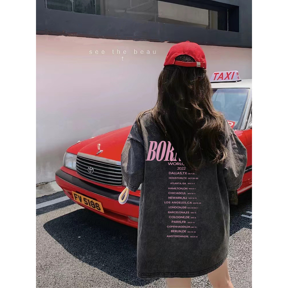 EUNII T-shirt Lengan Pendek Black Washed Vintage BlackPink Printing Korean Style/Kaos Atasan Wanita/Baju Wanita/Kaos Wanita