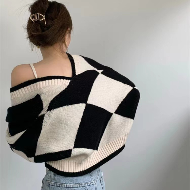 EUNII Korean style Knit Cardigan Lengan Panjang Kotak-Kotak Loose Knitwear atasan Wanita