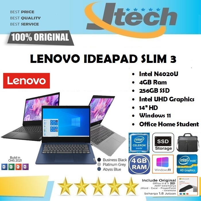 LENOVO IDEAPAD SLIM 3 - INTEL N4020 4GB 512GB SSD 14&quot;HD WIN11 OFFICE HOME STUDENT