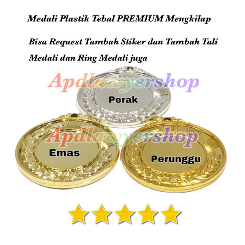 Medali Plastik Tebal PREMIUM Mengkilap Medali Emas Perak Perunggu Satuan Plus Stiker Plus Tali Medal