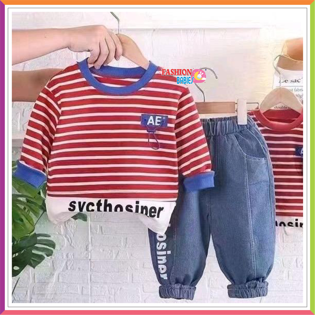 SJ SETELAN CELANA JEANS IMPORT | ATASAN + CELANA 1-5 TAHUN MOTIF LINE ❤ Fashionbabies ❤