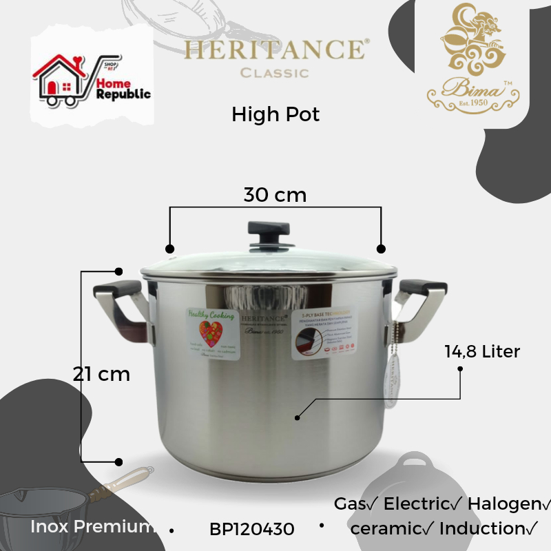 Bima Heritance High Pot Sauce Pot 30cm Panci Tinggi Stainless Steel BP120430 14.8Liter