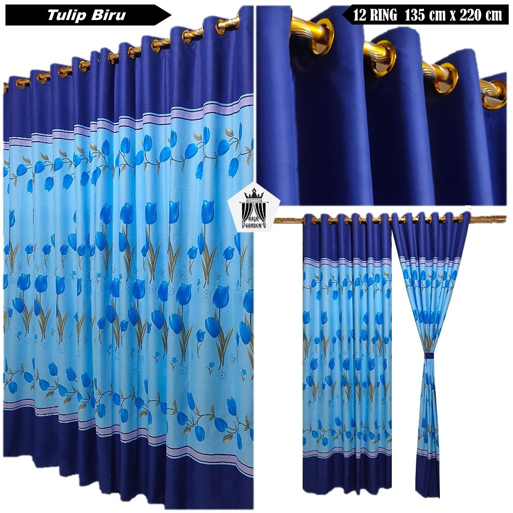 Hordeng Pintu Jendela Kamar Gorden Smokring 12 Ring Motif Bunga Tulip Biru Uk 135x220 Cm Minimalis