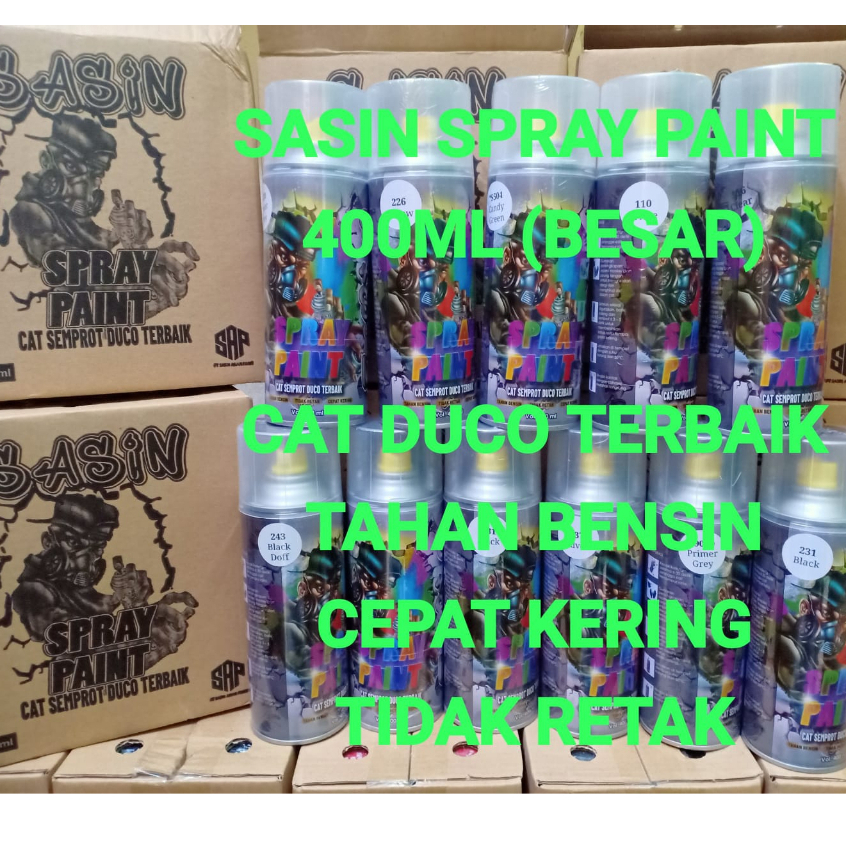 New SASIN Spray Paint Cat Semprot Duco Terbaik 400 ml Pilok Warna Putih, Clear, Hitam, Silver, Hitam Doff, Merah, Kuning, Hijau, Biru, Candy Tone, Hi-temp 400cc-BESAR