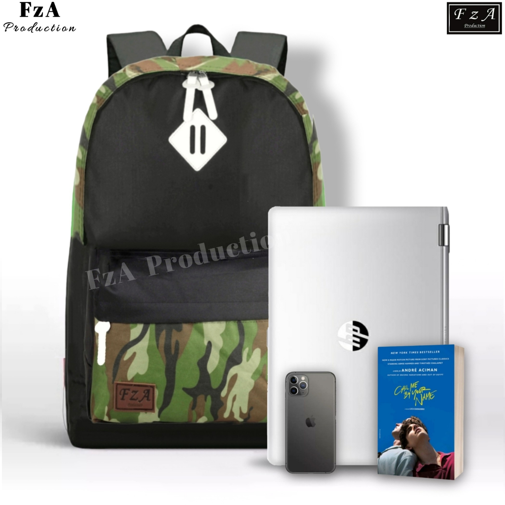 FzA Official - Tas Ransel Gendong Laptop Distro Sekolah Kuliah Pria Wanita Black Murah Original Tas Punggung Laptop - Black Army