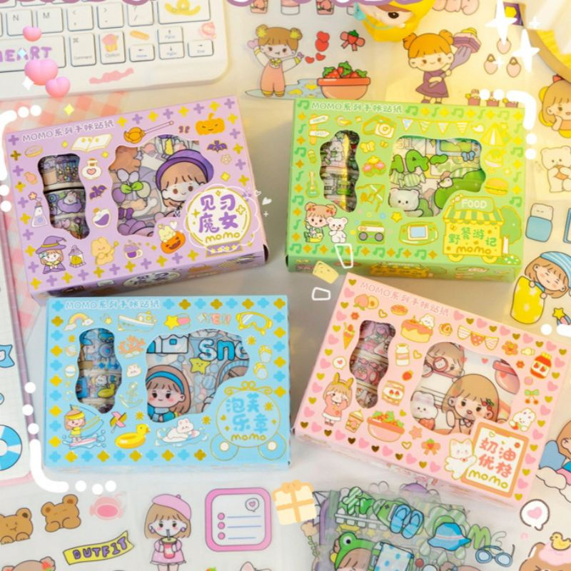 (Terbaru)Sticker Momo roll set viral  washi tape isi 4 Roll Stiker dan 10 lembar Stiker